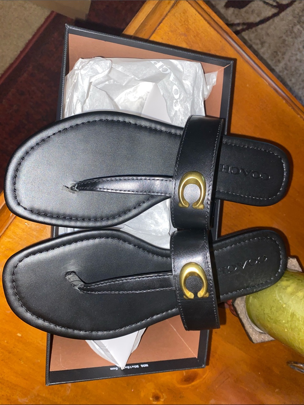 Coach Black Leather Thong Sandals with Gold Accent Hardware